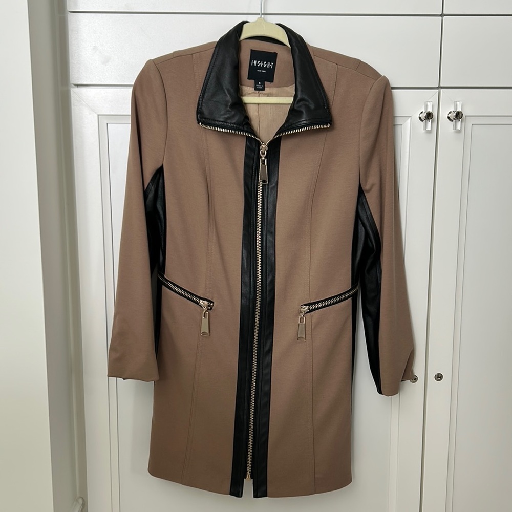 Insight New York tan jacket w/black faux leather trim. Size 6. Never worn !